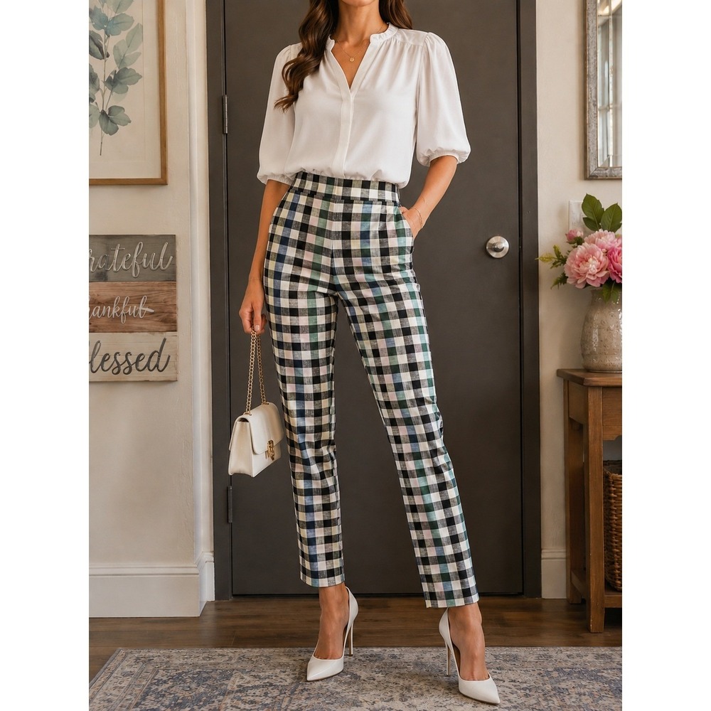 Veronica Beard Jude Pant Multi Plaid Check Straight Leg Trousers Size 6 NEW